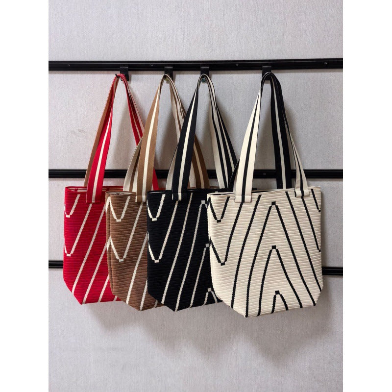 Nordic niche wave pattern shoulder bag, large capacity tote bag, finely woven open crossbody bag, commuter bucket bag for women.