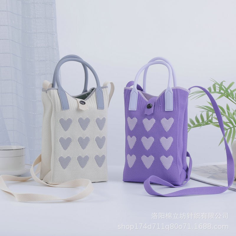 Dopamine mini heart-shaped phone bag, crossbody knitted bag, niche design, handbag/shoulder bag, portable mini bag.