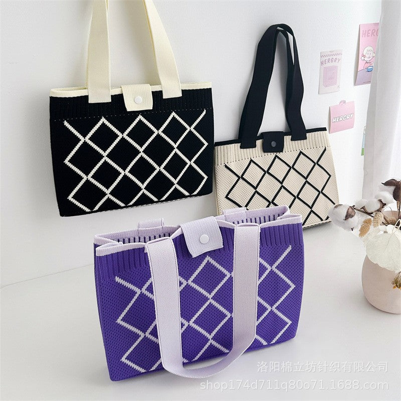 New diamond-patterned handwoven fashionable and versatile large-capacity tote bag/shoulder bag/woman's handbag
