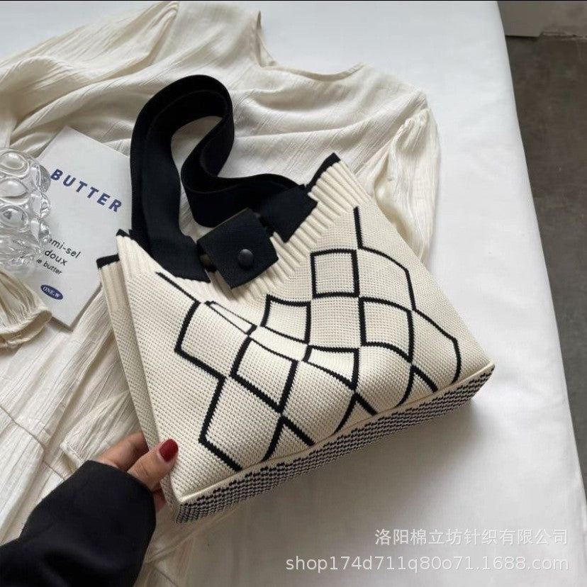 New diamond-patterned handwoven fashionable and versatile large-capacity tote bag/shoulder bag/woman's handbag