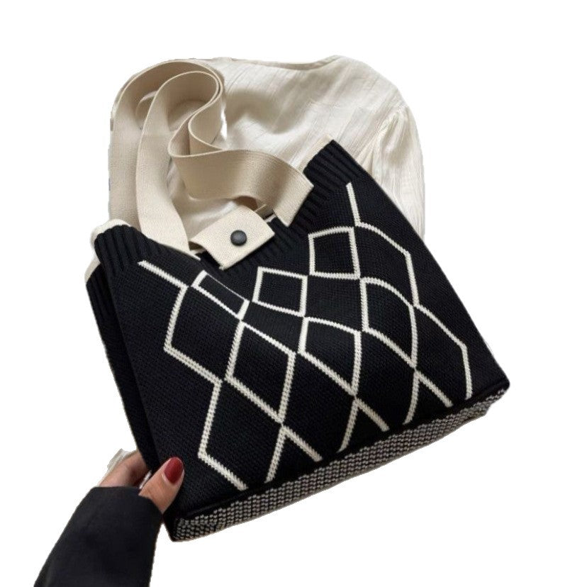 New diamond-patterned handwoven fashionable and versatile large-capacity tote bag/shoulder bag/woman's handbag