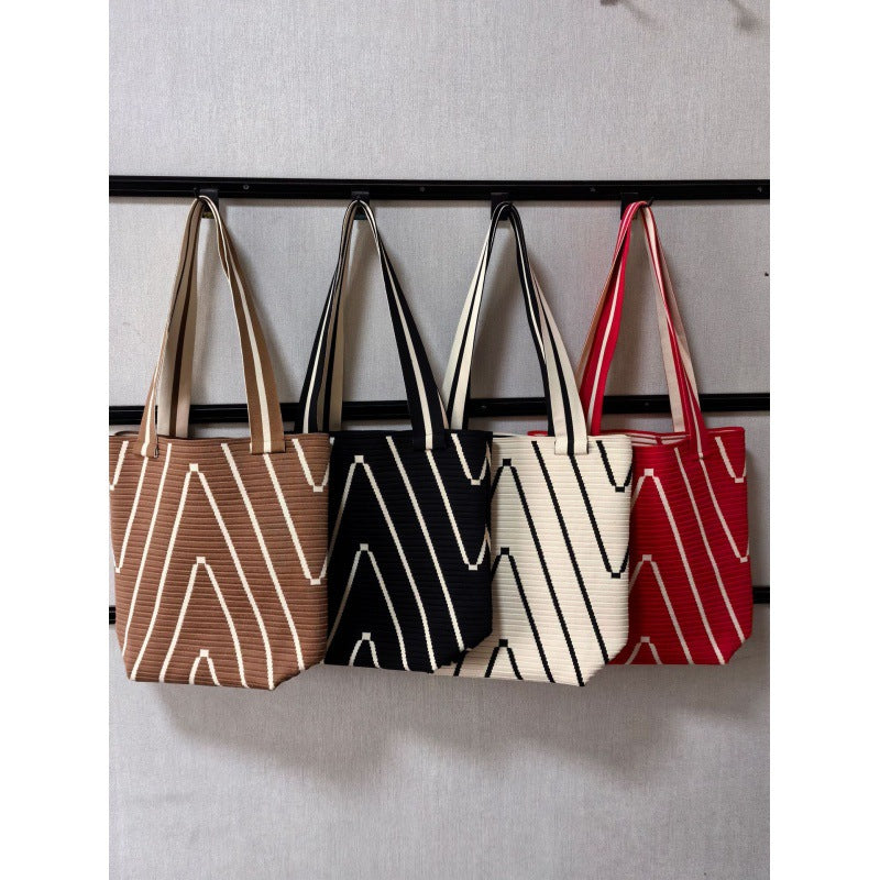 Nordic niche wave pattern shoulder bag, large capacity tote bag, finely woven open crossbody bag, commuter bucket bag for women.